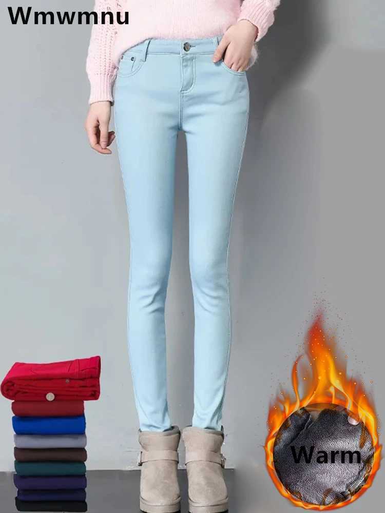 Candy Color Thicken Velvet Lined Skinny Jeans Women Winter Mid Waist Warm Leggings Vaqueros Oversize Stretch Denim Pencil Pants C251110