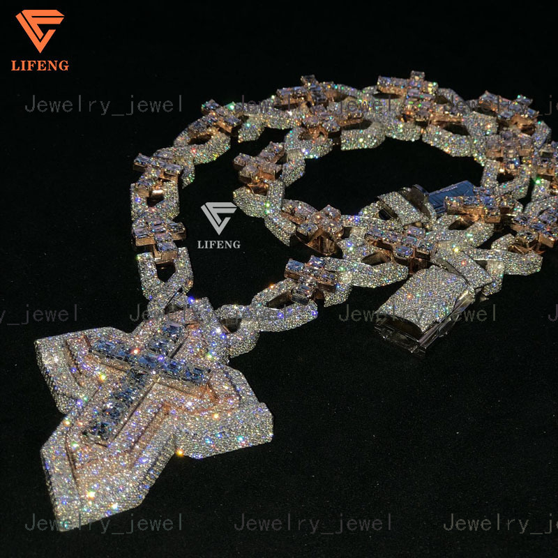 Lifeng Jewelry Bust Down VVS Moissanite Two Tone Cross Pendant Hiphop Sterling Silver Diamond Charm Necklace Jewelry Set