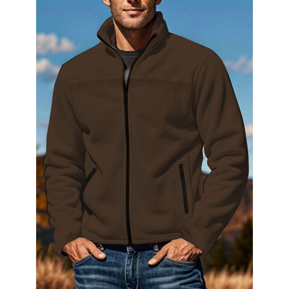 2025 TEMU New European and American Men's Polar Fleece Spring Autumn Winter Outdoor Zipper Stand Collar Jacket Top