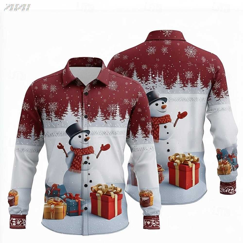 2025 Mens Snowman Snowflake Christmas Shirt 3D Print Button Up Collared Funny Holiday Long Sleeve Spring Fall Party Wear K251110