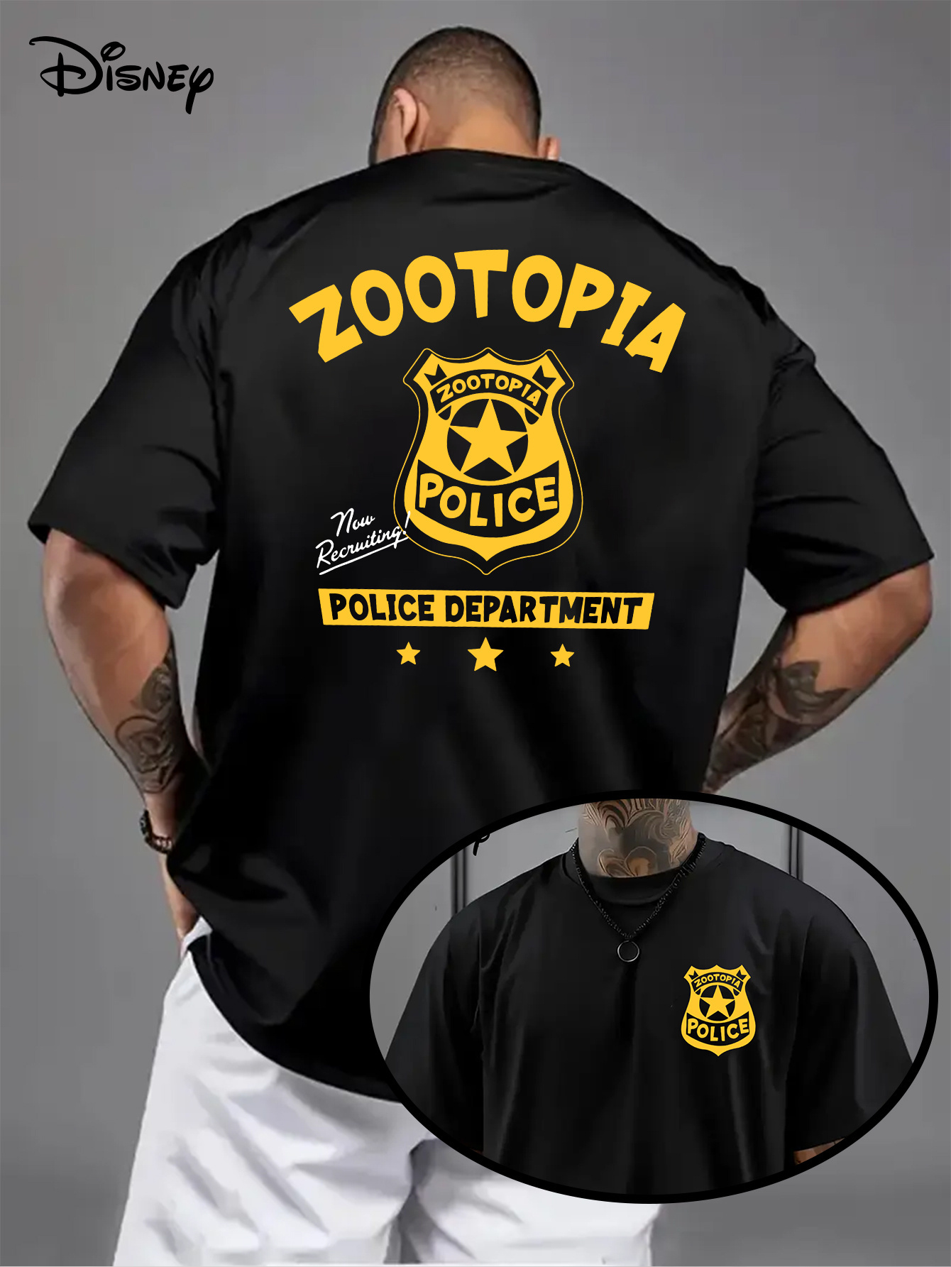 Disney Zootopia Police Station Men's T-Shirt Reversible Nick Wilde Judy Hopps Inspired Design, Logo, Soft Polyester Fabric, Casual Fitness Birthd