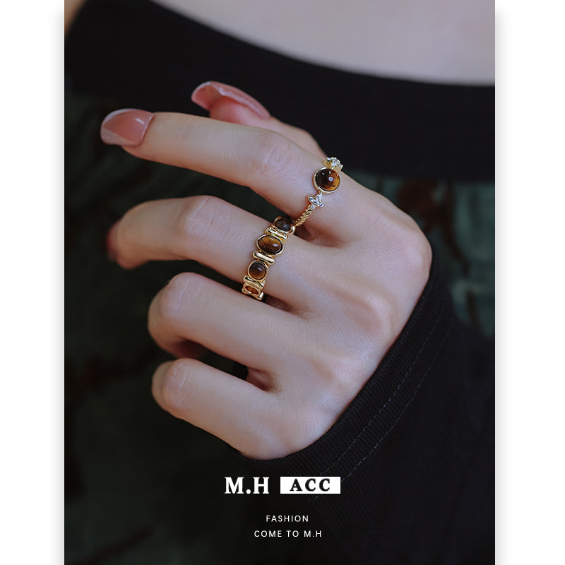 Vintage Tiger Eye Stone Ring Designer Ring For Women Summer New Luxury Niche Design High-end Simple Fashion Ring Versatile Index Finger Ring