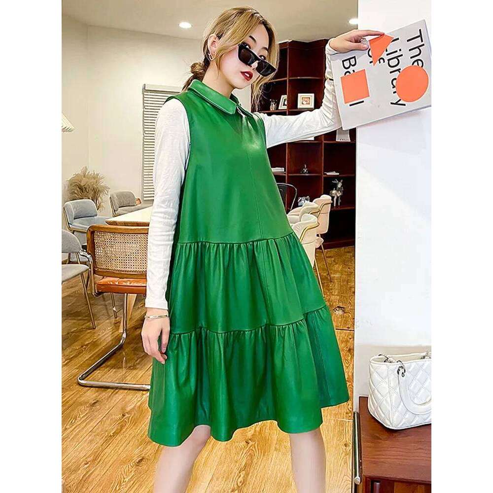 Fashion Spring New Women Sleeveless Sundress Pleated Sheepskin Genuine Leather Dress White Lapel Collar Loose Fit Casual Dresses