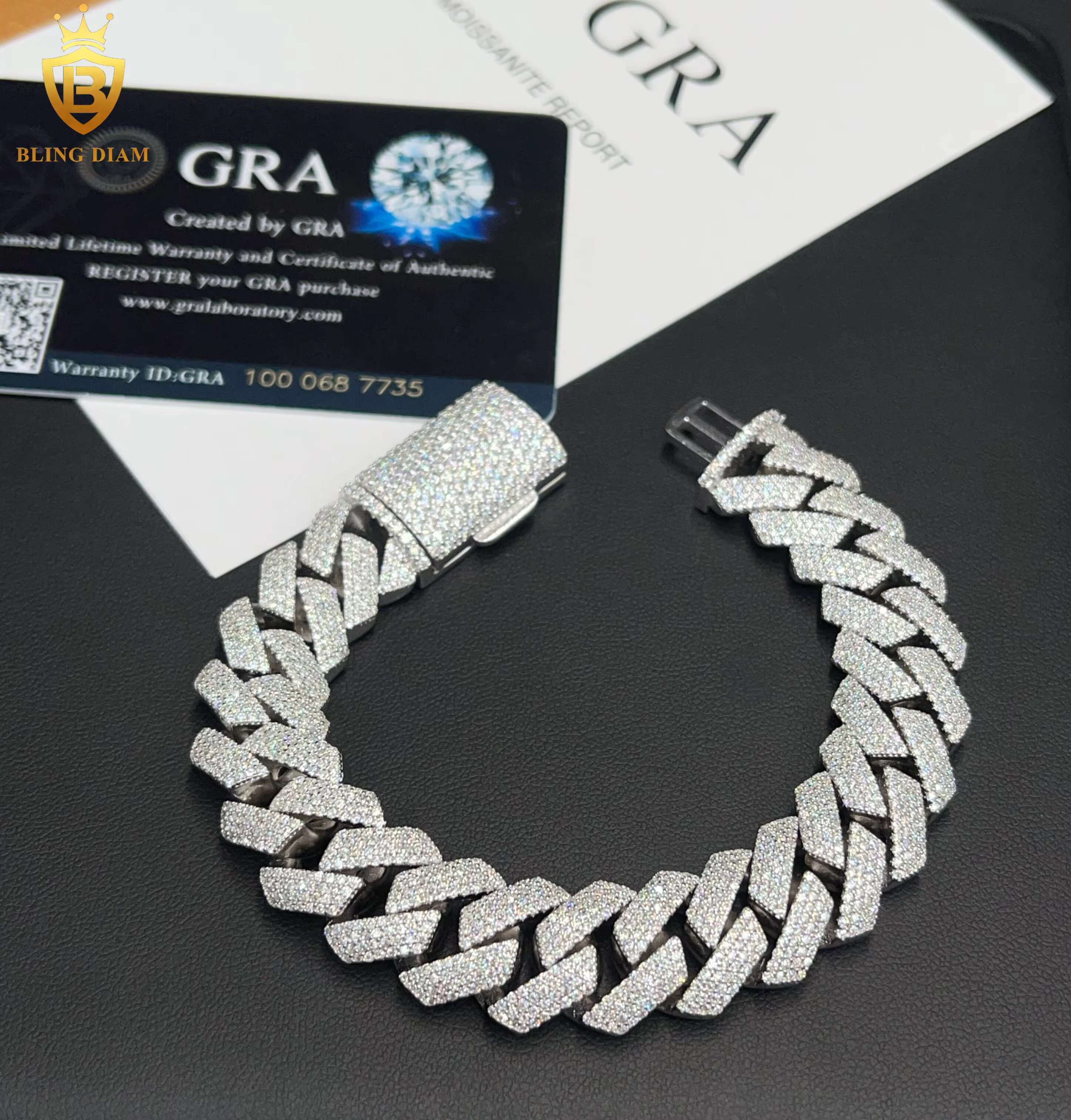 15mm Hip Hop Jewelry 4 Row Iced Out Promotion Miami Cuban Link Chain Moissanite 925 Silver Bracelet Necklace for Men