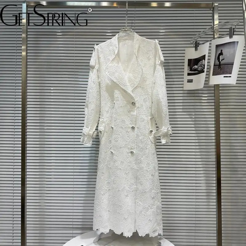 Get Spring Womens Trench Coat Double Chest Metal Buckle White Lace Windproof Machine Fully Matched Loose Ultra Thin 250410