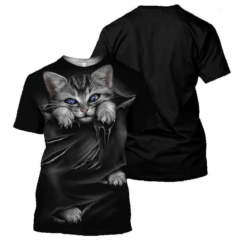 Men's short sleeved round neck T-shirt, unisex casual clothing, 3D black cat pattern print