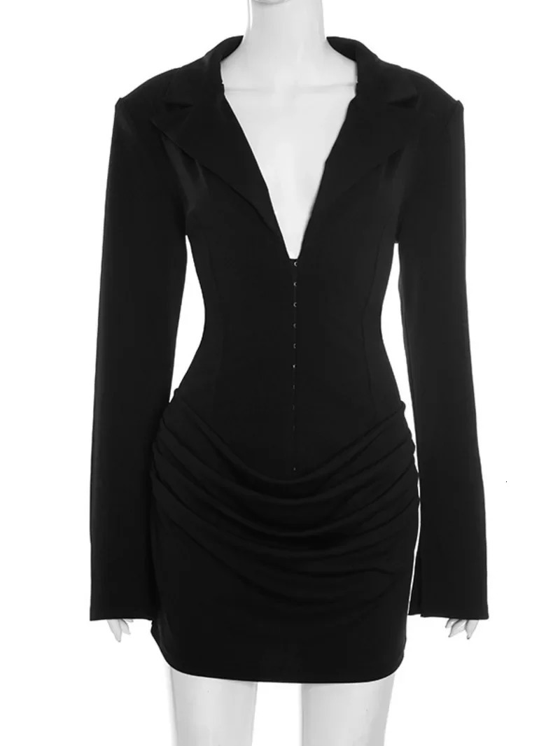 Chaxiaoa Long Sleeve Deep V Neck Ruched Sexy Mini Dress Women Autumn Winter Fashion High Waist Club Party Blazer Dresses Female 251110