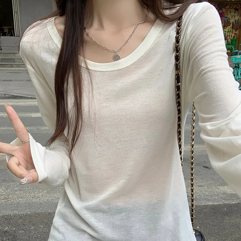 Womens long sleeved thin perspective summer solid slim fit casual shirt womens zipper basic Tshirt Y2k streetwear top 250407