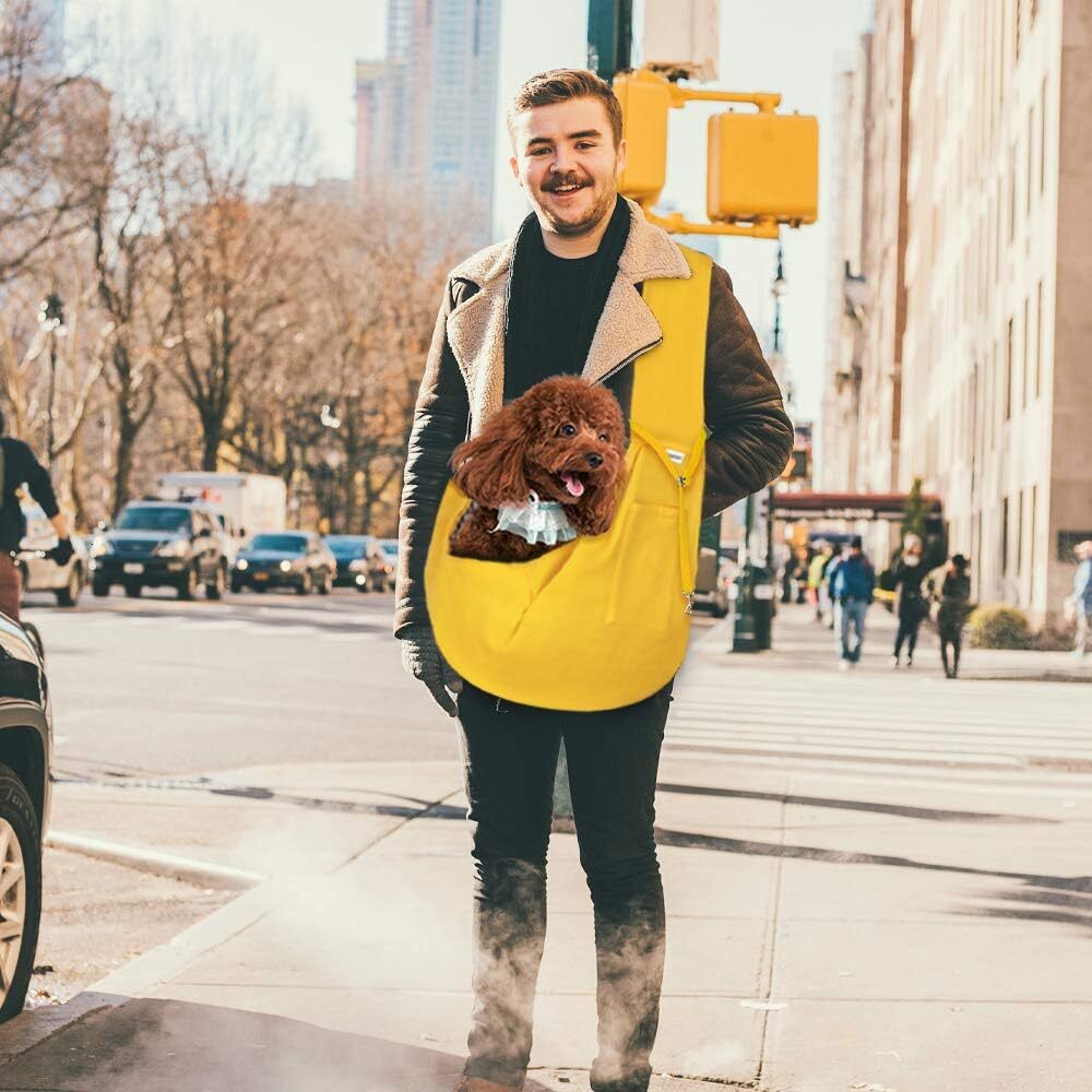 fdjasgy small pet strap strap hands free double sided pet dog bag handbag with pocket safety belt for dogs and cats outdoor travel lemon yellow