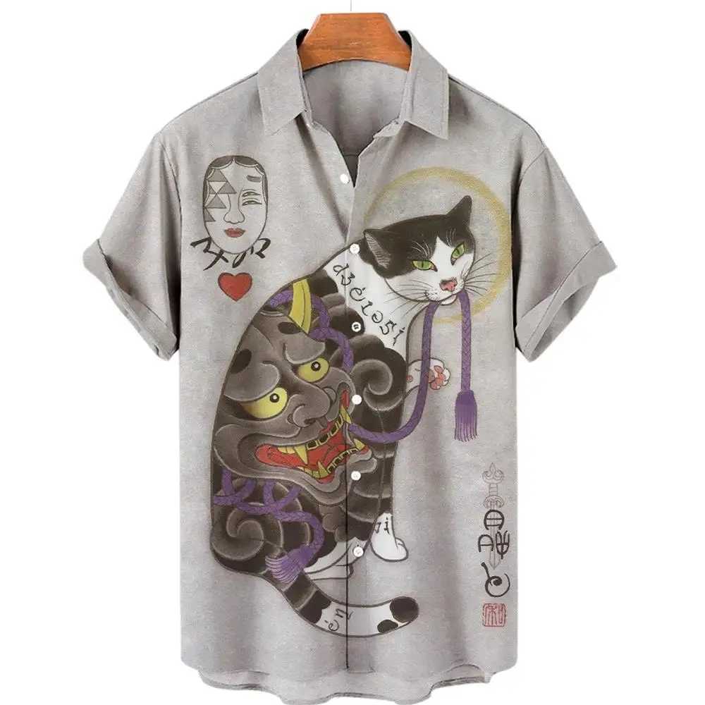 Japanese Art Samurai Cat Pattern Printed Short Sleeve Mens Casual Comfortable Collar Button X250410