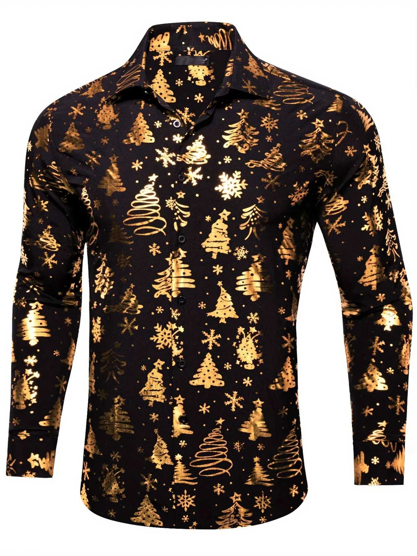 Mens Opulent Holiday 3D Golden Christmas Tree Print Formal Shirt Long Sleeve Party Wear K251110