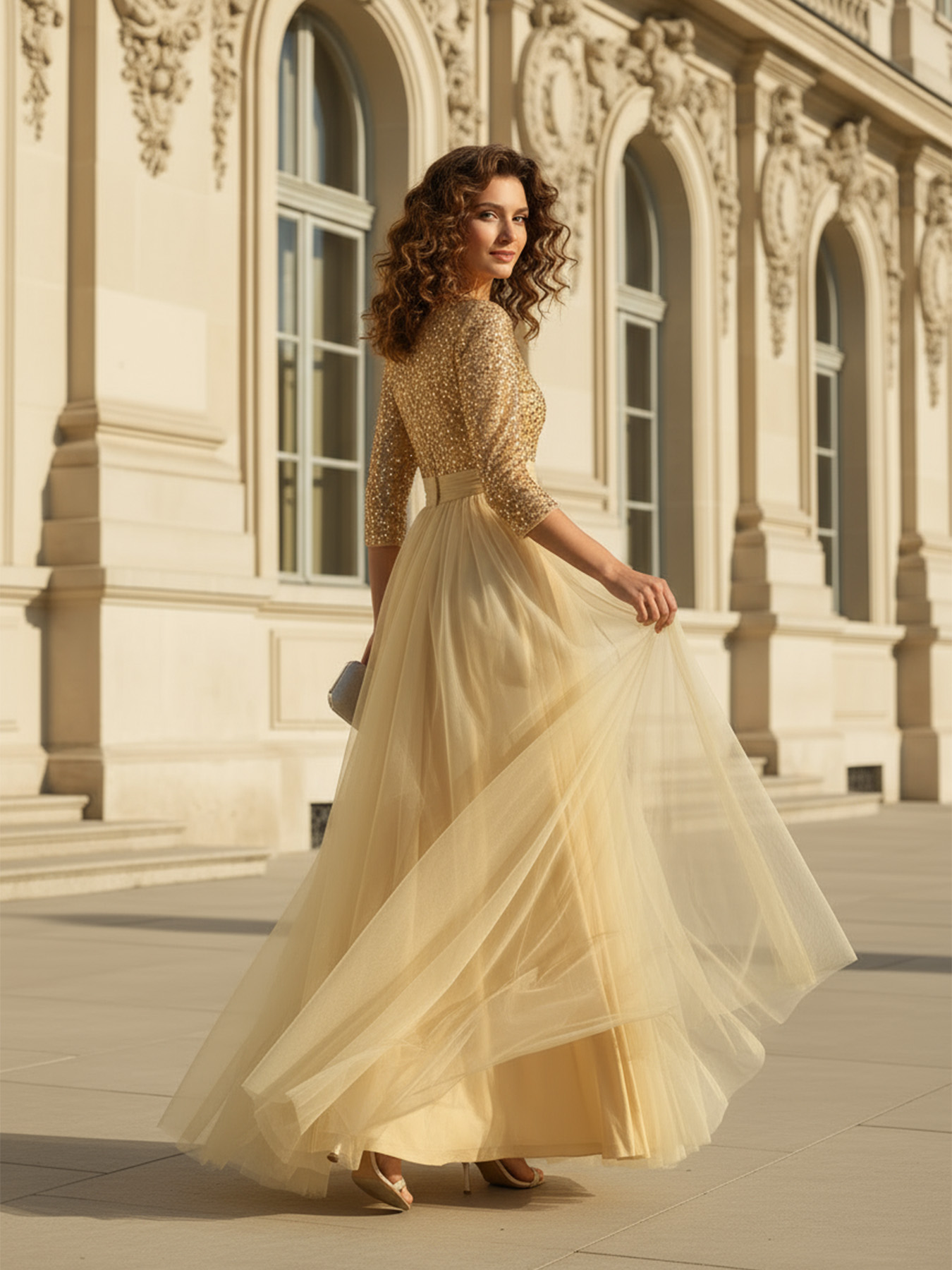 Women's Elegant Glamorous Sequin Tulle Evening Gown, 3/4 Sleeve V-Neck Contrast Color Maxi Dress--D388