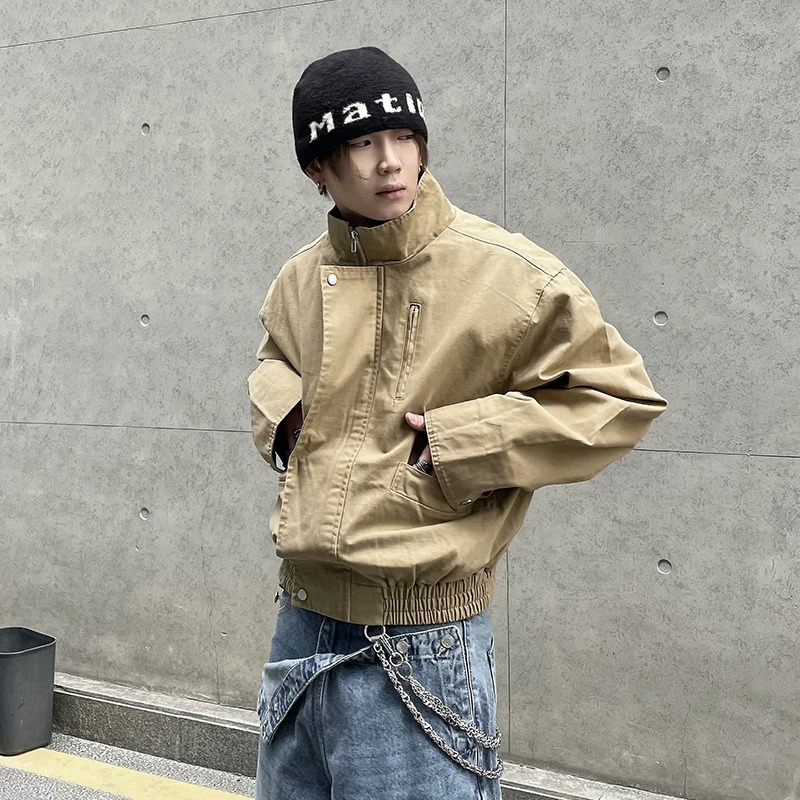 PFNW unisex American high street Distressed Stand collar silhouette khaki jacket mens trend retro workwear short jacket 12C2245 250410