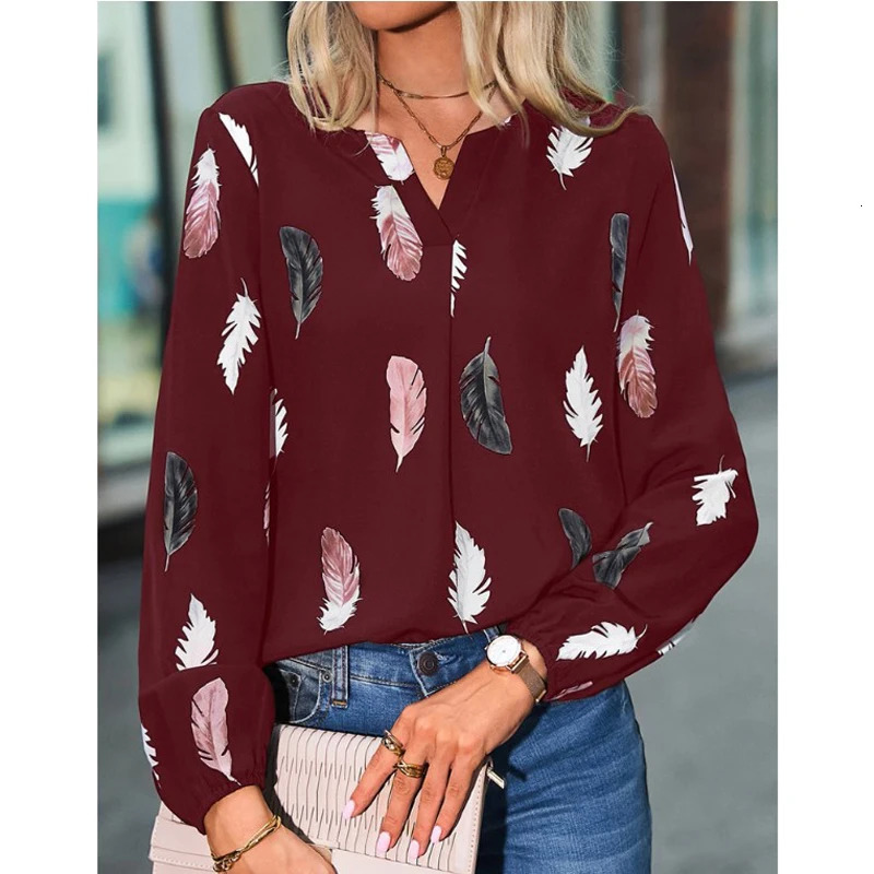 Fashionable womens shirt fashionable womens long sleeved feather patterned womens top elegant chiffon unprinted womens dress 250409