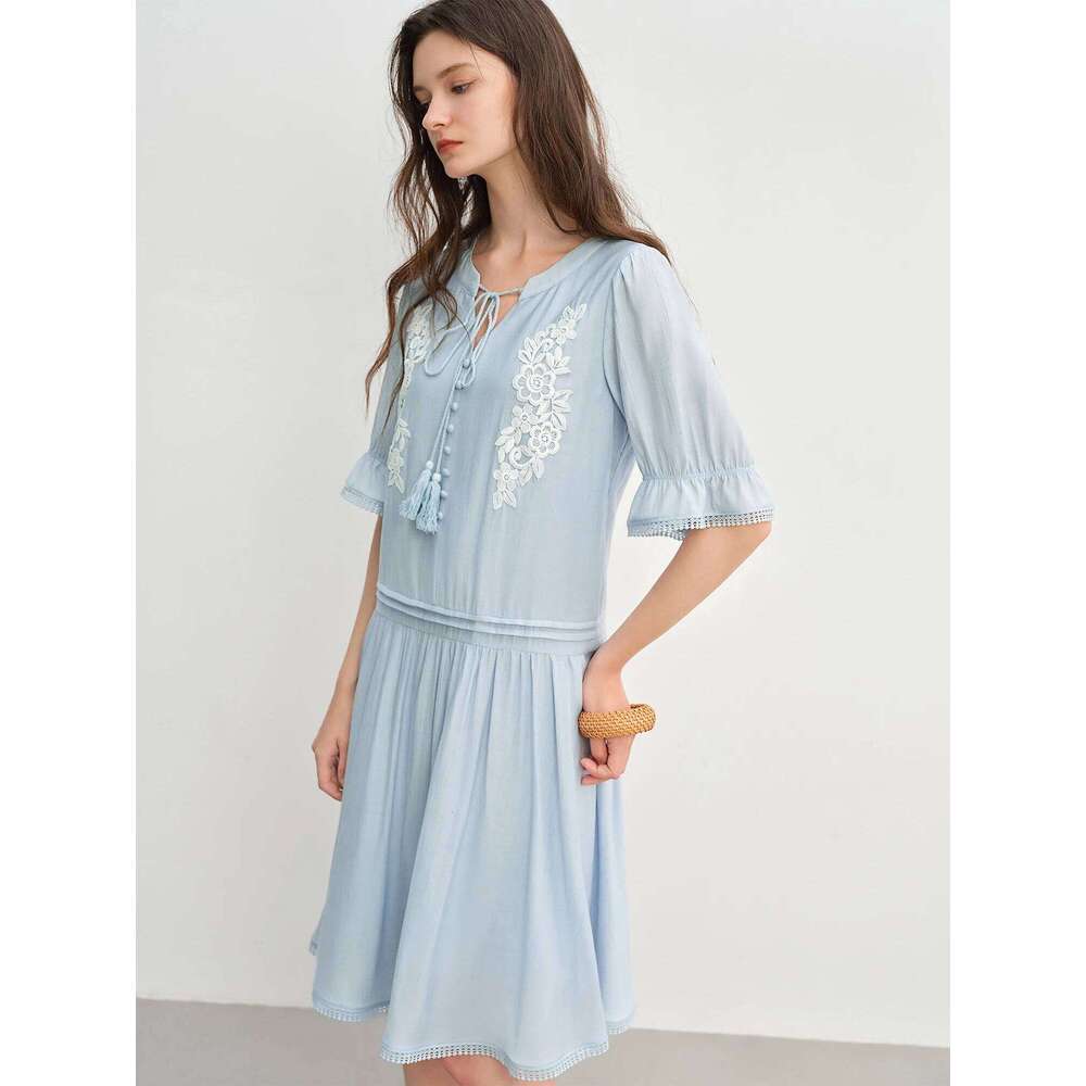 DUSHU Tassel Strap Embroidered 2025 Summer New Arrival Midi Dress 25Ds82898