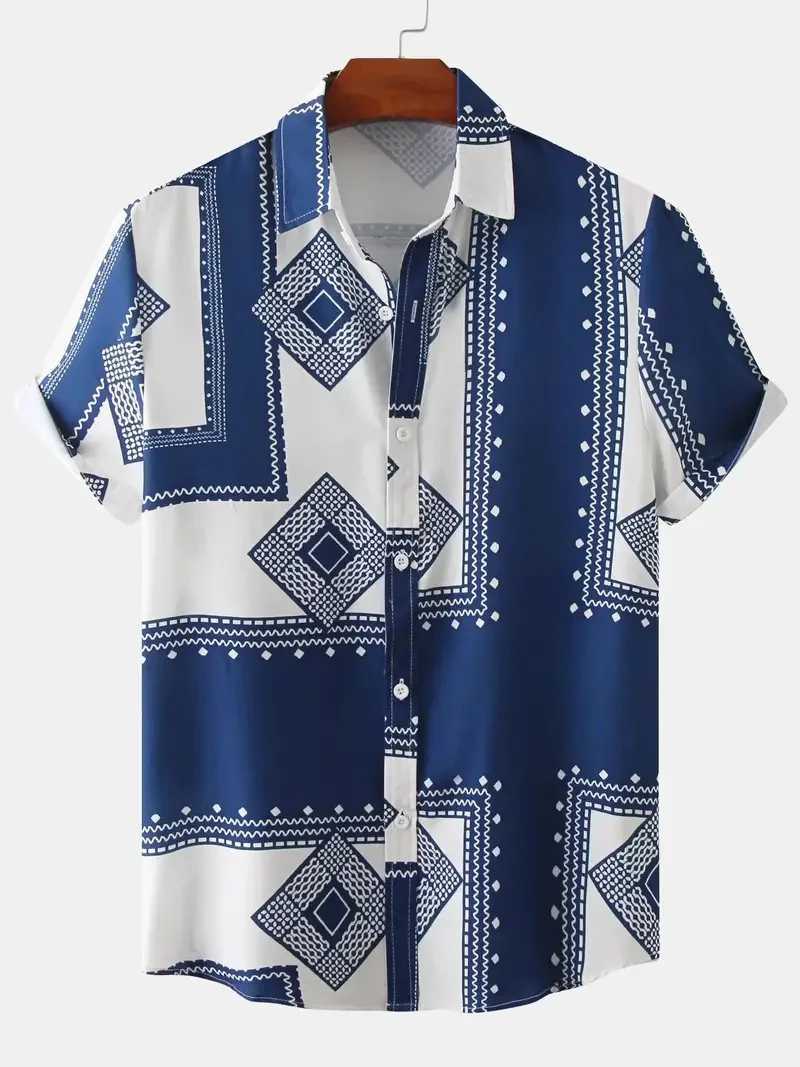 2024 Summer New Short sleeved Black and White Printed Shirt Hawaii Vacation Fashion Shirt X250410