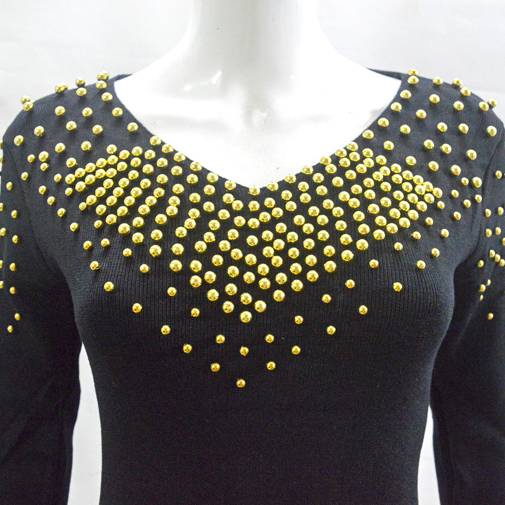 Autumn and Winter New Women's Sexy V-neck Beaded Wrap Hip Long Sleeve Knitted Dress