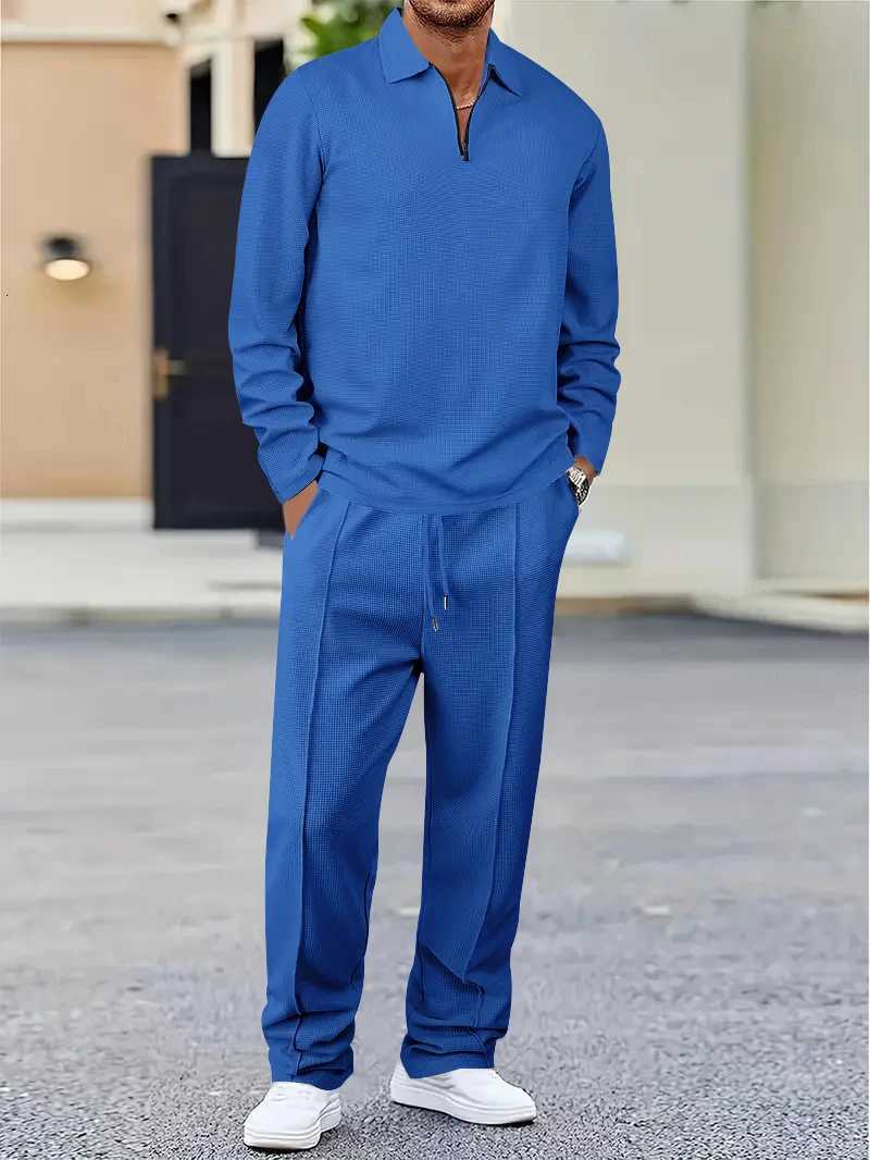 New Spring And Autumn Fashion Mens Solid Color Waffle Leisure Suit Lapel Multi-Functional Loose Sportswear Mens Leisure Suit W251110