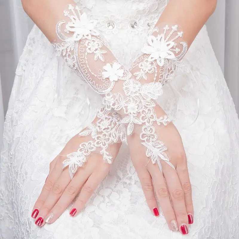 Women Wedding Short Fingerless Gloves Embroidery Lace Imitation Pearl Flower Applique Ribbon Bowknot Bridal Mittens L251110