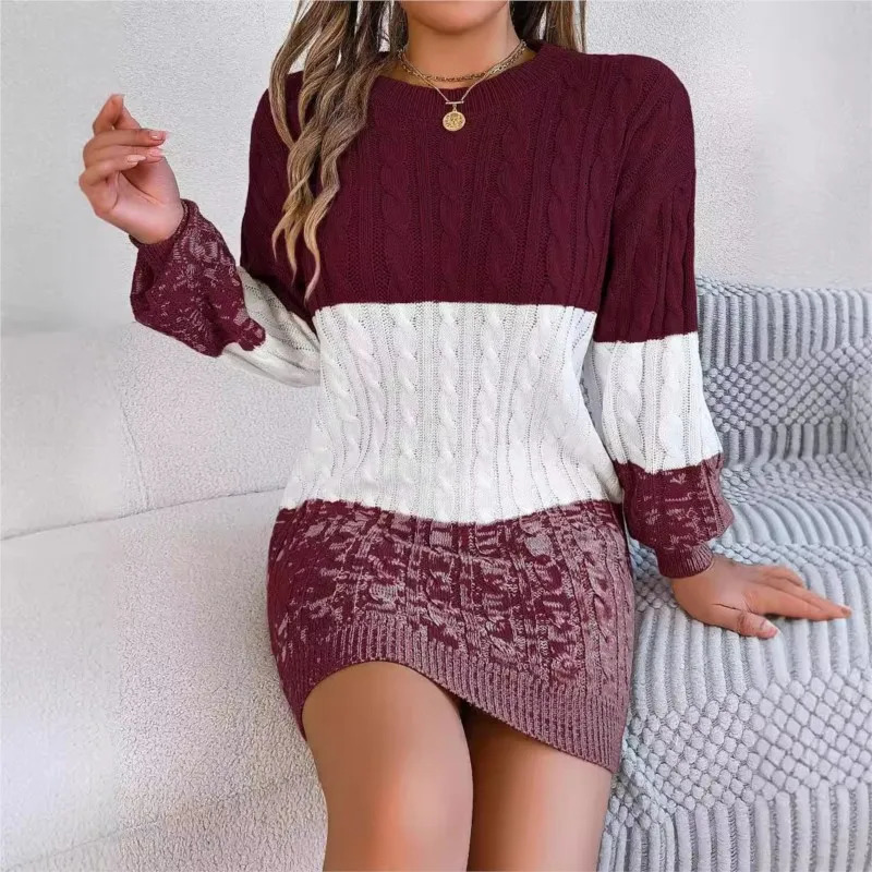 Womens Knitted Sweater Dress Color Blocked Autumn And Winter Elegant Square Collar Button Long Sleeve Bag Hip Skirt 251110