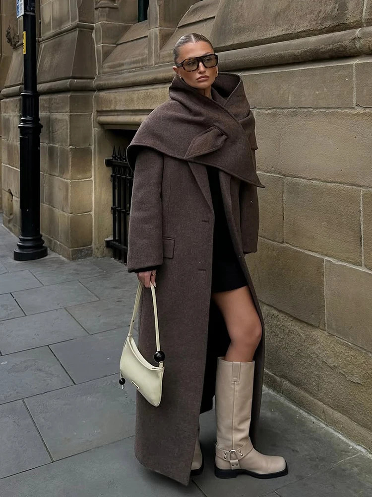 Women Elegant Shoulder Pad Wool Blend Overcoat Brown Lapel Singlebreasted Long Sleeve Coat Autumn Lady Outerwear 251105