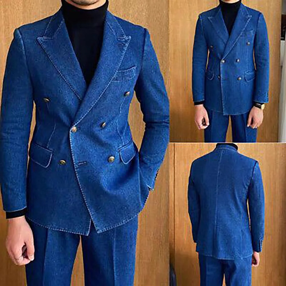 Denim Double Breasted Men Suits Lapel Flat Front Male Clothing High Quality Casual 2 Piece Jacket Pants Sets Formal Blazer 250409