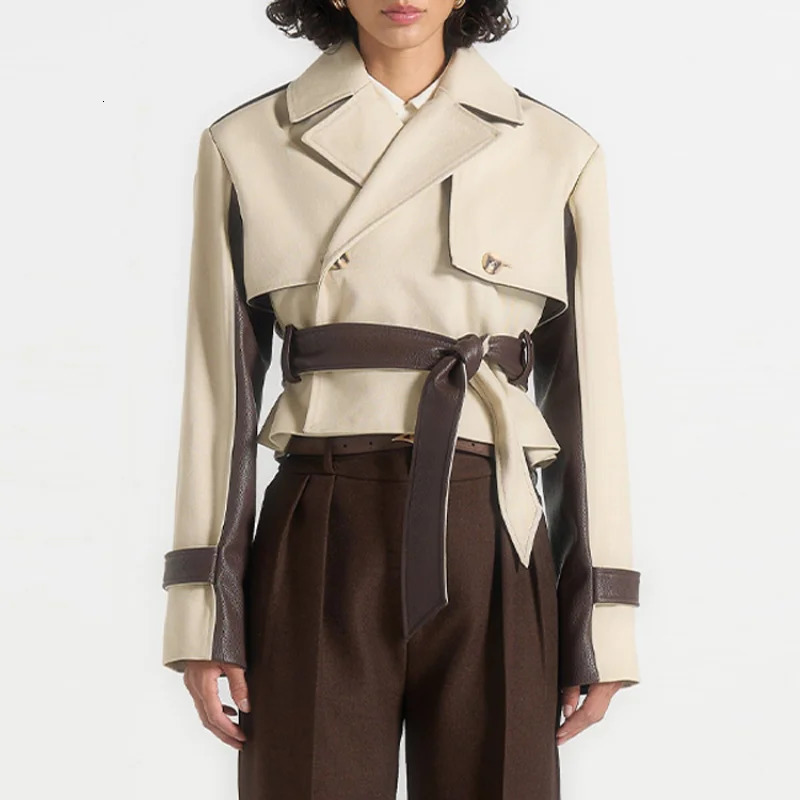 Womens Patchwork Short Leather Jacket Fashion Lapel Long Sleeve Turndown collar With Belt Coats Lady Commuter Outwear 251103