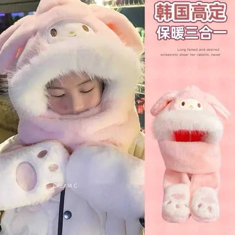 Sanrio Kuromi Anime Children Hat Scarf Gloves Cute Ins Kawaii Cinnamoroll Pochacco Ins Lovely Doll Fluffy Hat Gifts for Kids H251110