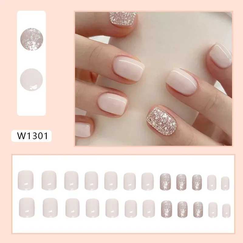 24 pieces of milk white sparkling fake nails with jelly stickers pressed on top of the fake nails wearable round headed oval shaped fully covered nail
