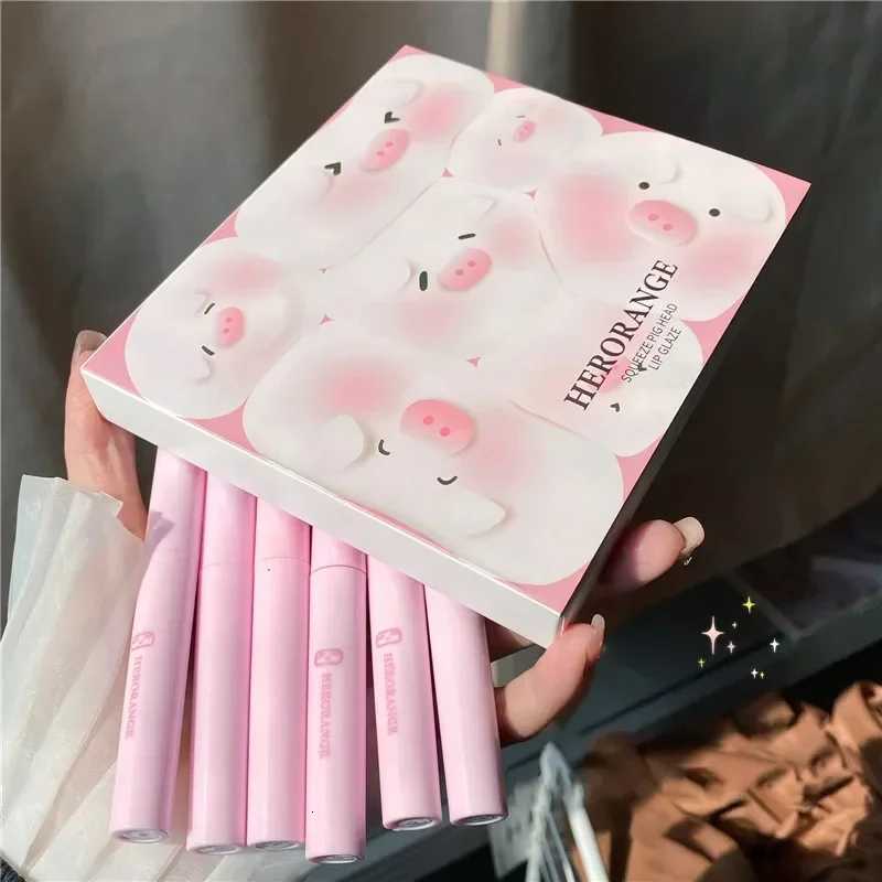 6Pcs Cute Pig Head Lipstick Set Matte Velvet Mist Lip Glaze Waterproof Long Lasting Makeup Not Easy To Fade Lip Gloss CosmeticsT251110