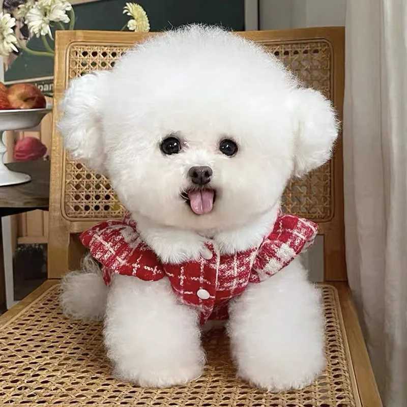 Pet Autumn/Winter Checkered Dress with Plush Collar Princess Dress Teddy Bow Yorkshire Cat Coat Dog Dresses for Small Dogs J251110