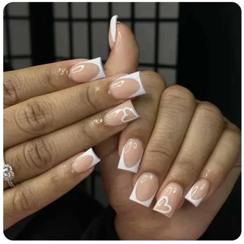 24 piece square pink French full set of fake nails - short coffin pressed on nails with love design for girls mothers nails art nails W250410