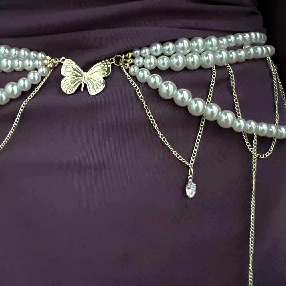Fashionable Y2K vintage Mtilayer pearl waist chain strap - a fashionable body jewelry accessory suitable for parties and casual wear X250410