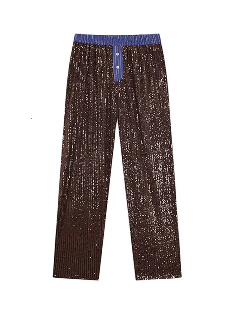 Patchwork Sequins Pant 2 Pieces Sets For Women Loose Long Sleeve Lapel Top Elastic Trousers 2025 Spring Summer Party Club Outfit 250408