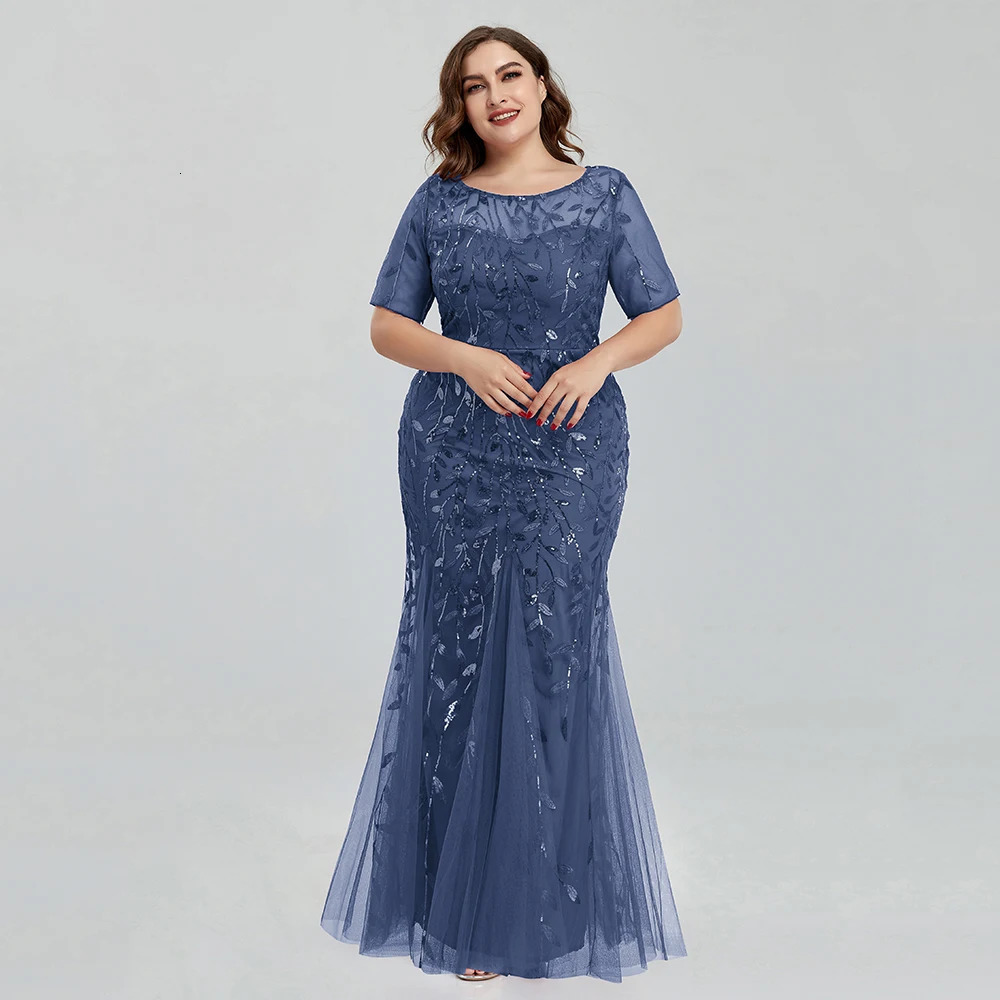 plus size sequin net mermaid ultra-thin evening dress with bead leaf pattern for formal womens elegant party dance dress short sleeved 250403