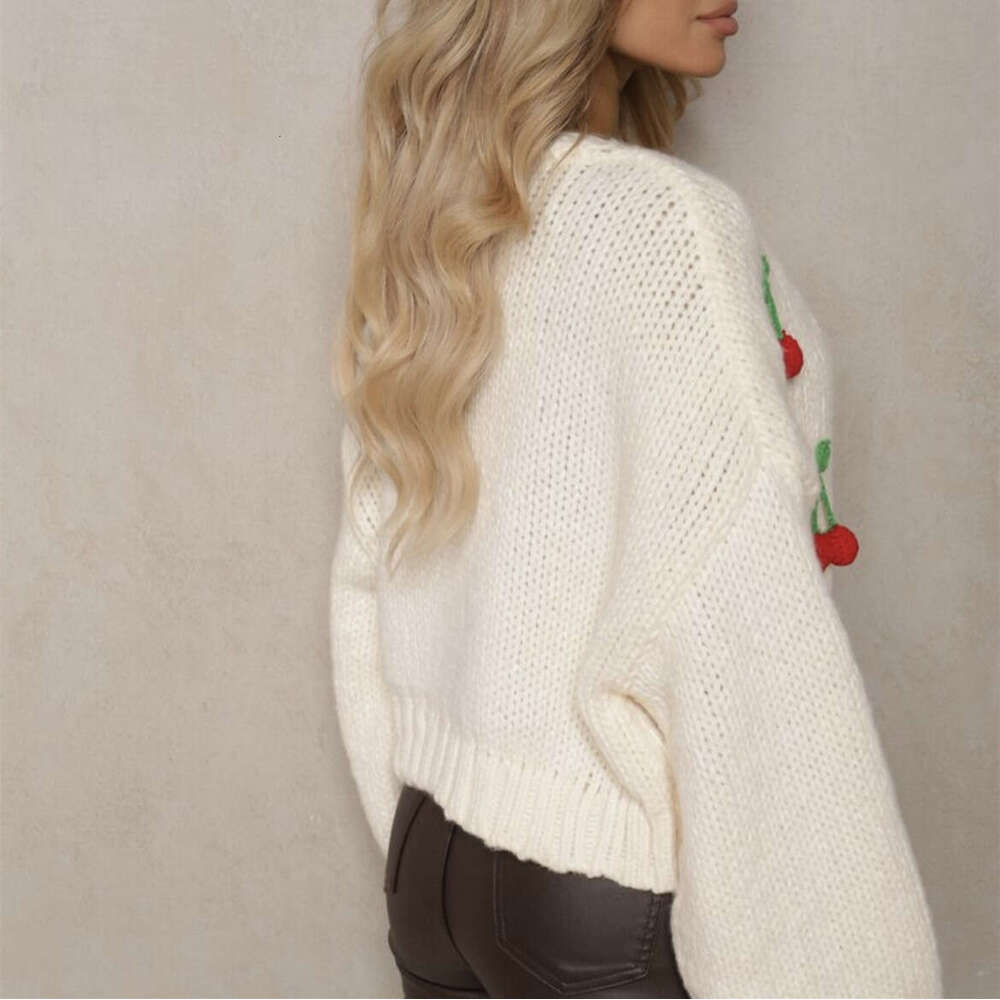 3D Cherry Pattern Women's Elegant Sweater Cardigan 2025 Autumn Winter New European and American Cross-Border Button Long Sleeve Knit