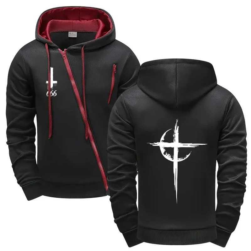 2025 Satan Cross Style Mens Tracksuit Diagonal Zipper Hoodie and Sweatpants Motorcycle Riding Outfit Urban Sweatshirt Streetwear W251110