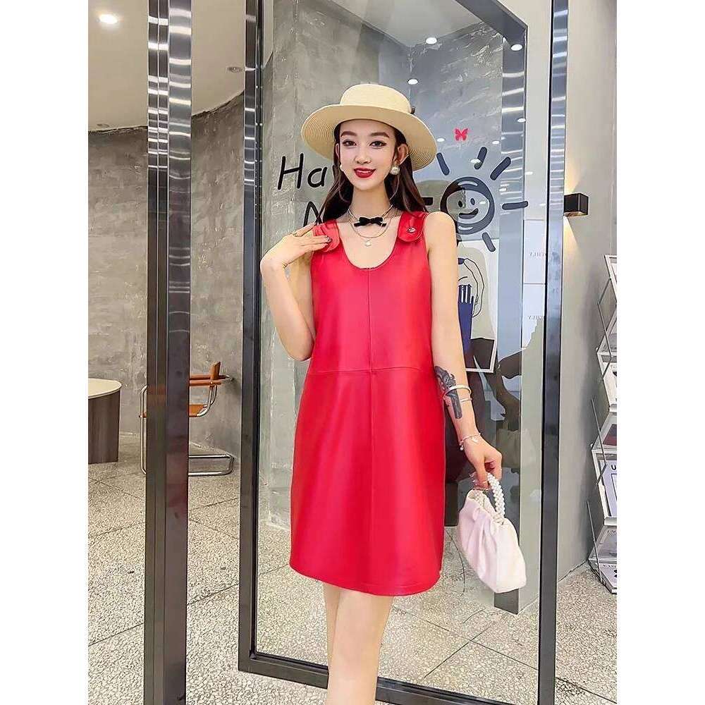 Women Genuine Leather Fashion Solid Color Loose Tank Straps Dresses Casual Sweet Lady Sleeveless Sheepskin A-Line Dress