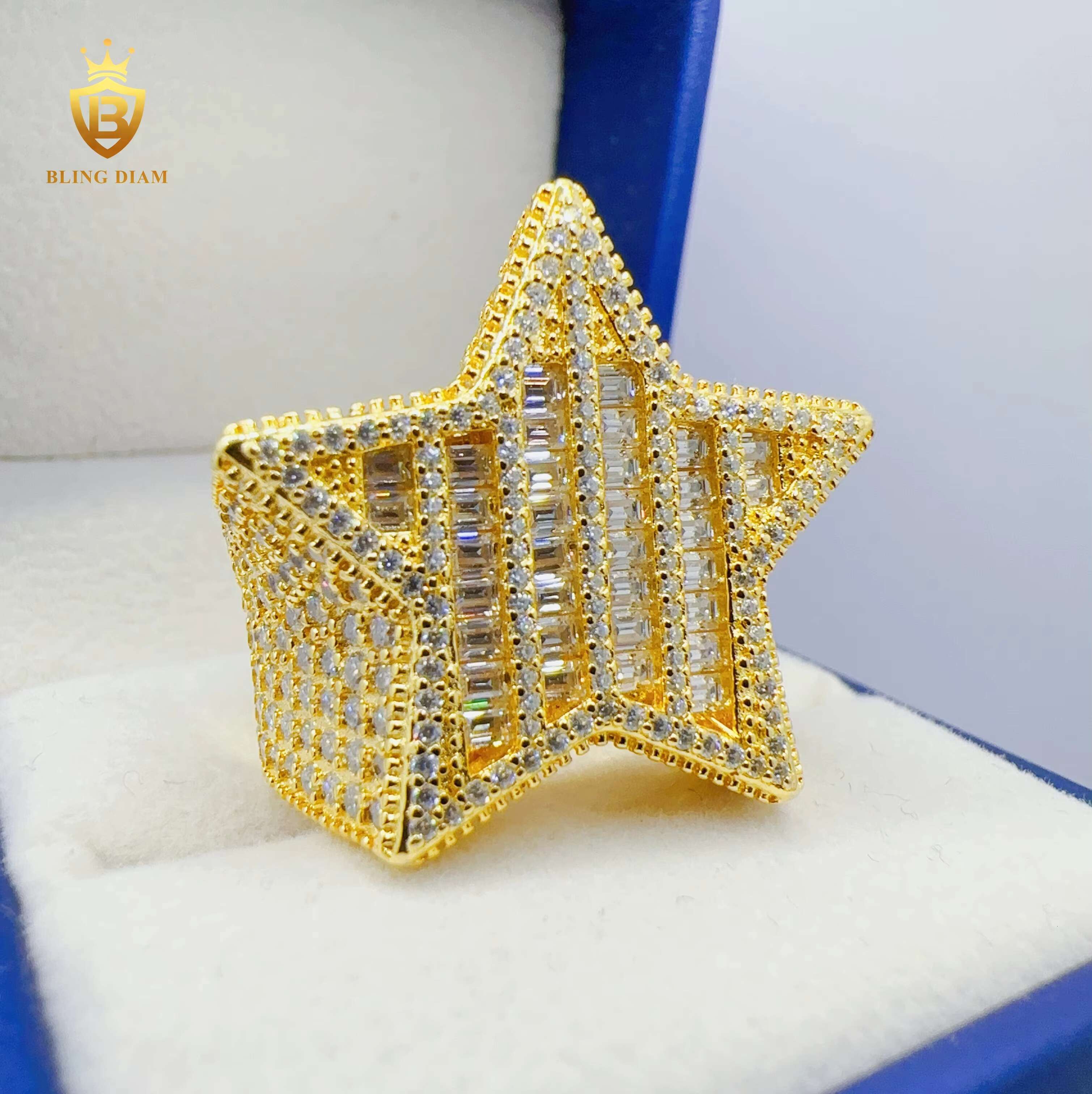 Pass Diamond Tester VVS Moissanite Pentagram Design Hip Hop Ring 925 Sterling Sliver Fashion Ring