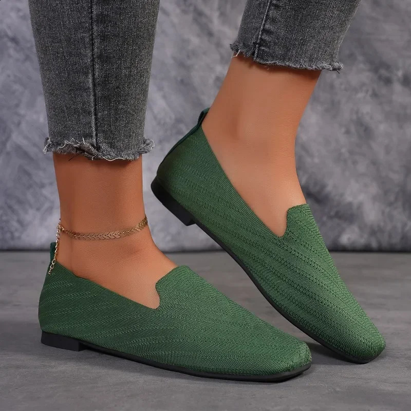 2024 Solid Color Square Toe Mesh Loafers Shallow Women Flats Shoes Soft Bottom Knit Ballet Flats Shoes Casual Slip on Shoes 250402