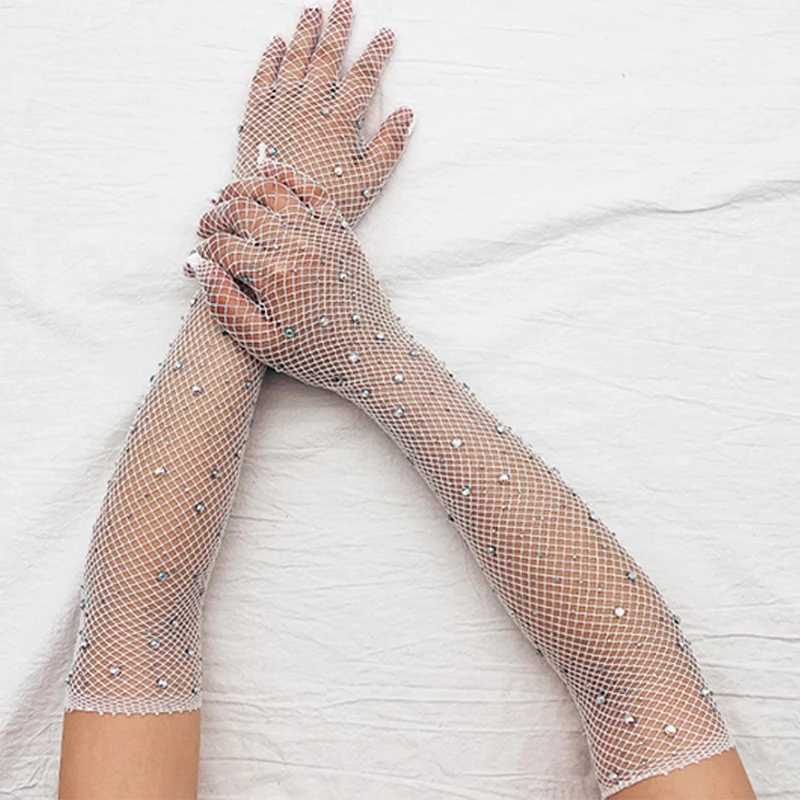 Black White Red Long Mesh Gloves With Rhinestones Hollow Fishing Net Womens Gloves Finger Fancy Cosplay Fishnet Gloves L251110