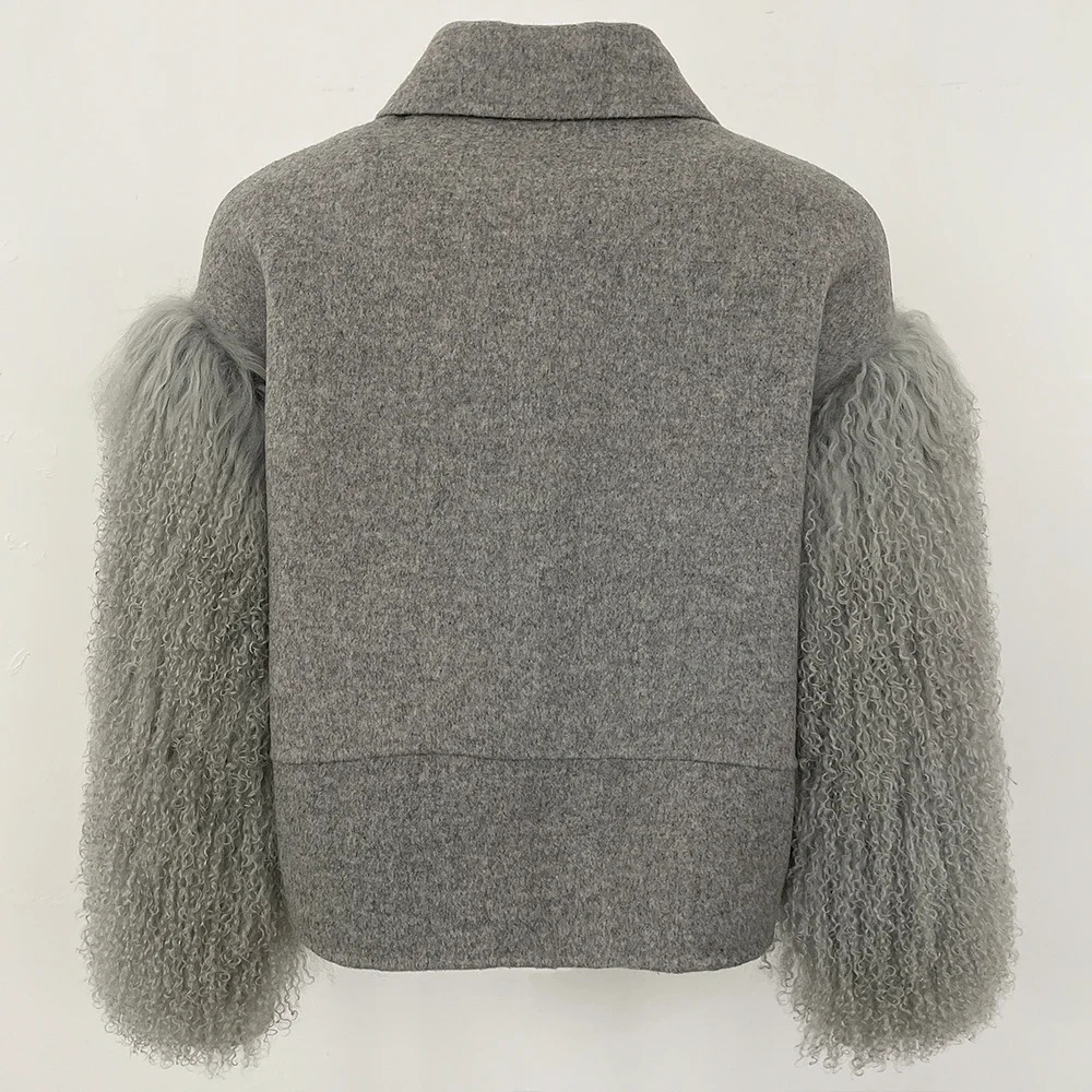 Real Mongolian Fur Female Reality Jacket Autumn Cuffs Wool Coat Pocket Full Sleeves Outerwear Cropped Blend Women 251110
