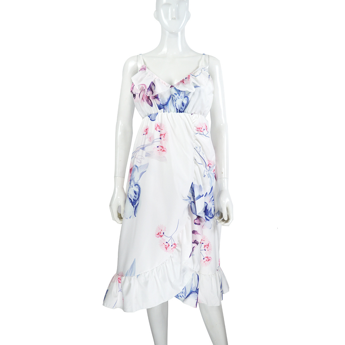 Ruffle Edge Ink Deep V Strap Loose Irregular Printed Pregnant Women's Dress