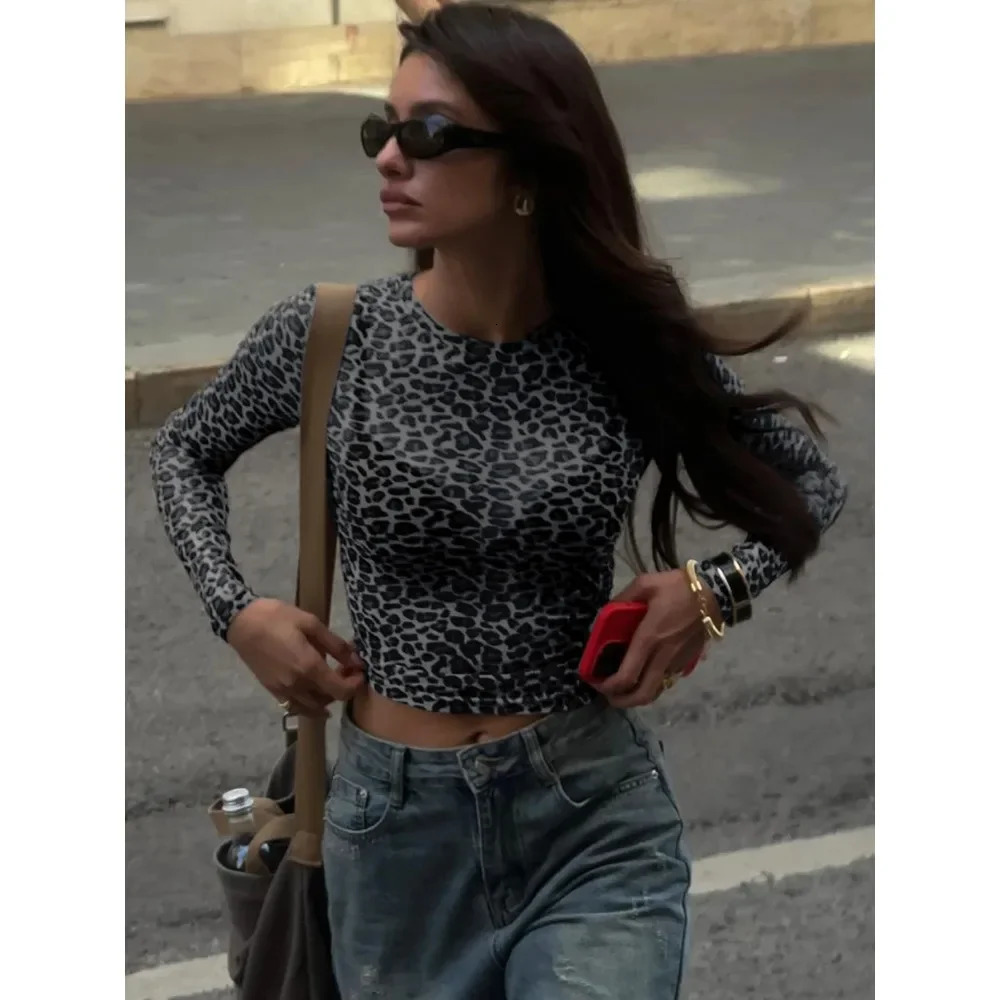 Sexy long sleeved shirt mesh Tshirt leopard print tight fitting womens party club streetwear casual late night snack 250407