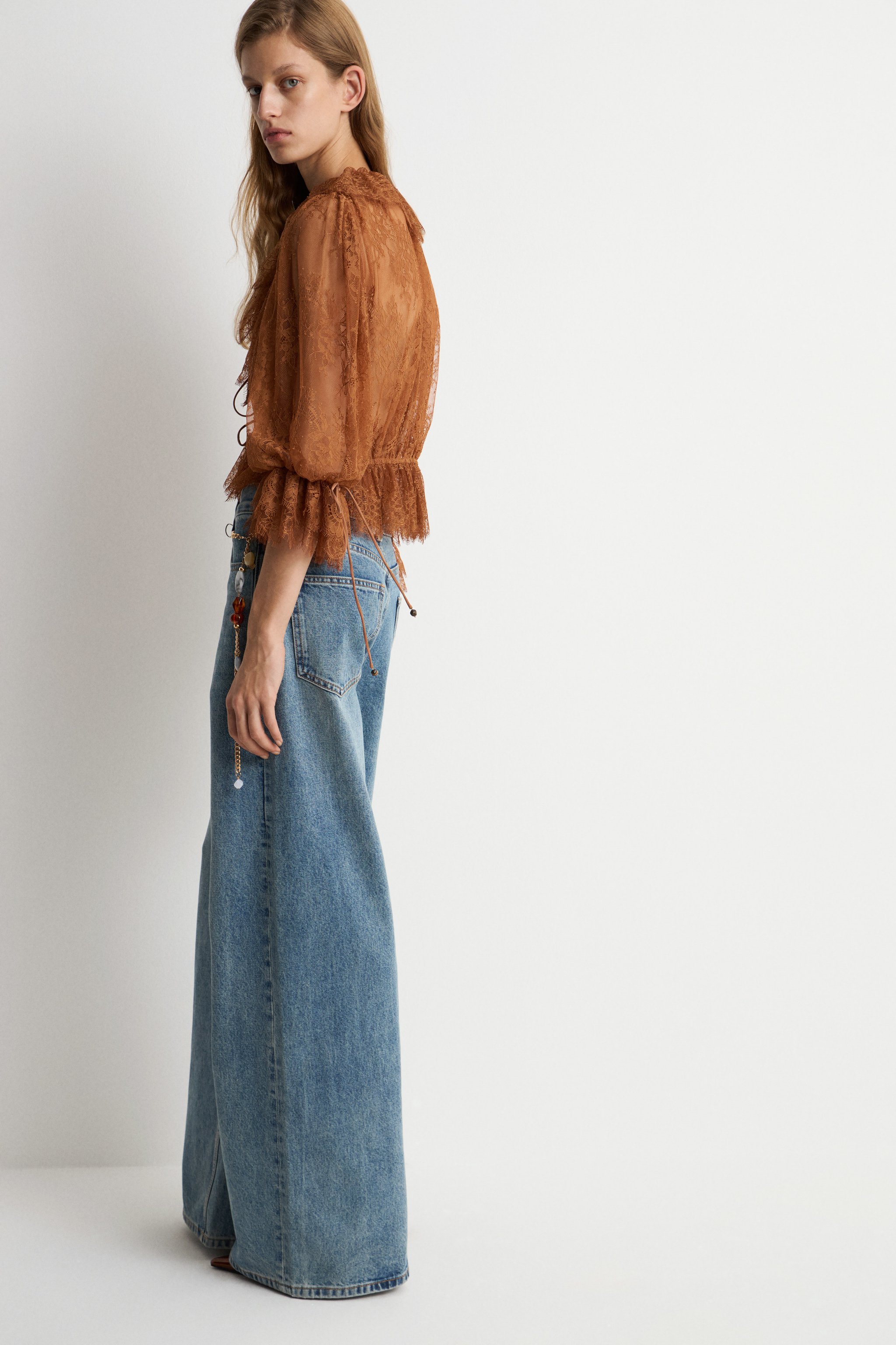 Women's Brown Sheer Lace Floral Blouse, V-Neck Tie Detail Ruffled Sleeve Top