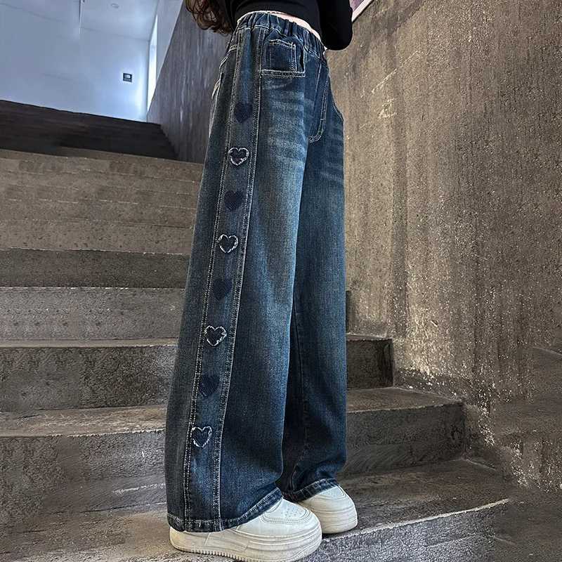 Autumn Teenager girl Heart Jeans Fashion RETRO Wide Leg Straight Denim Pants For Casual Streetwear Jeans Trousers 5-14Y C251110
