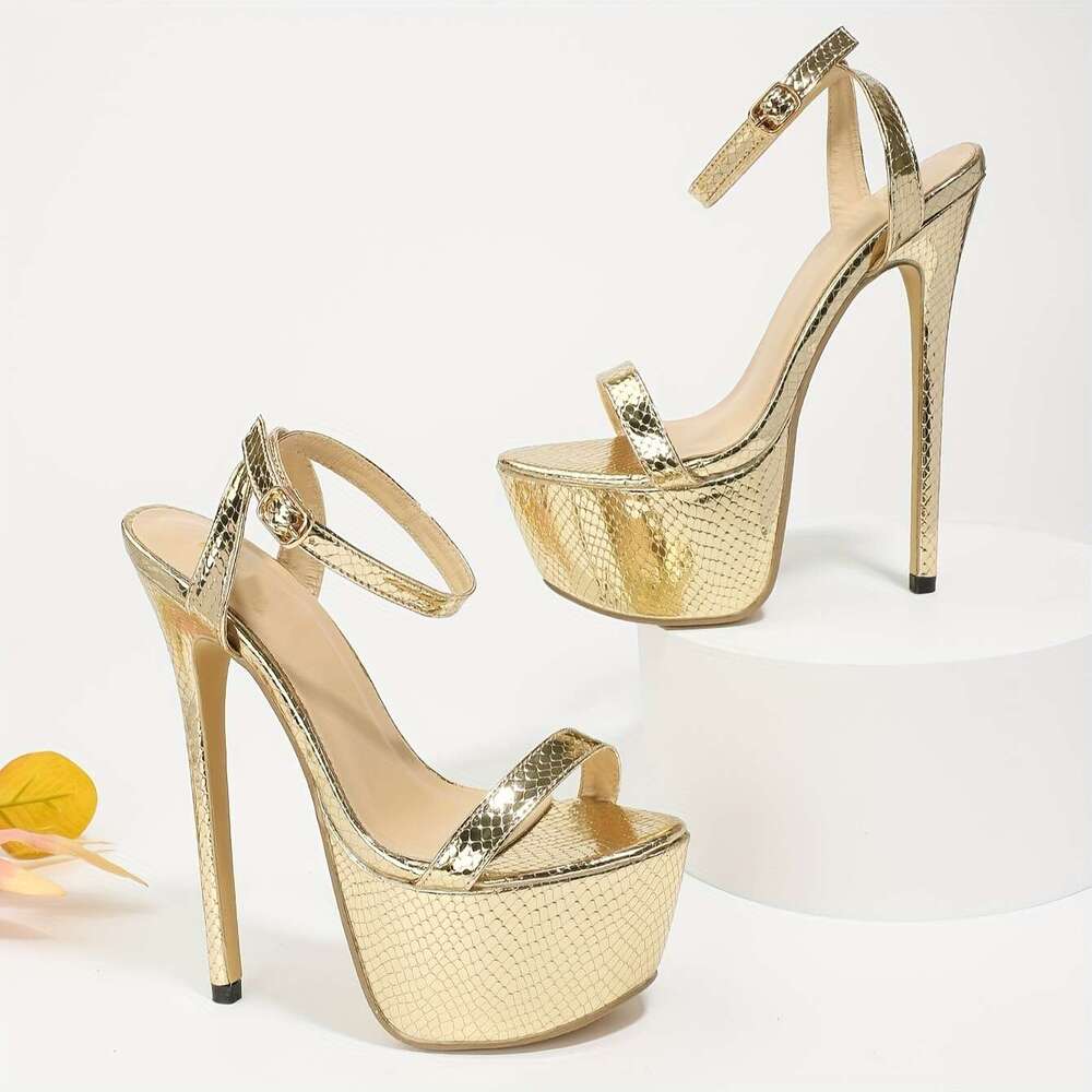 Elegant Golden Snake- Beige-Like High-Heel Sandals Adjustable Ankle Strap With Buckle, Thick Platform Mule Round-Toe PU All-Season S For Parties, Wedd
