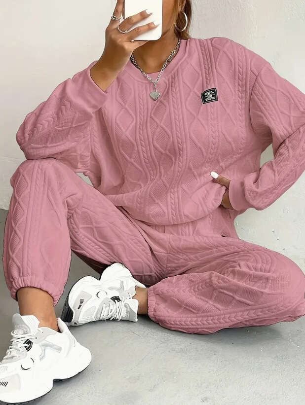 2024 autumn winter new European American women's jacquard long sleeved casual round neck hoodie and pants set