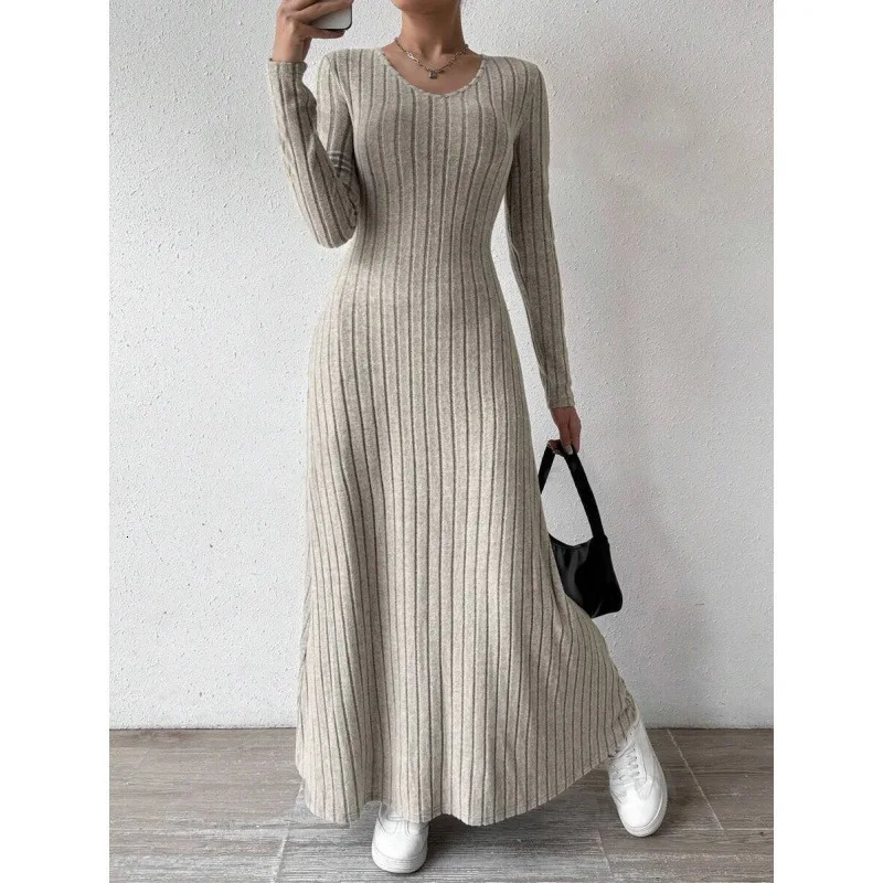 Fashionable Knitted Long Sleeve A Line Streetwear Dress For Women Smooths And Slims Your Silhouette Solid Color 251110