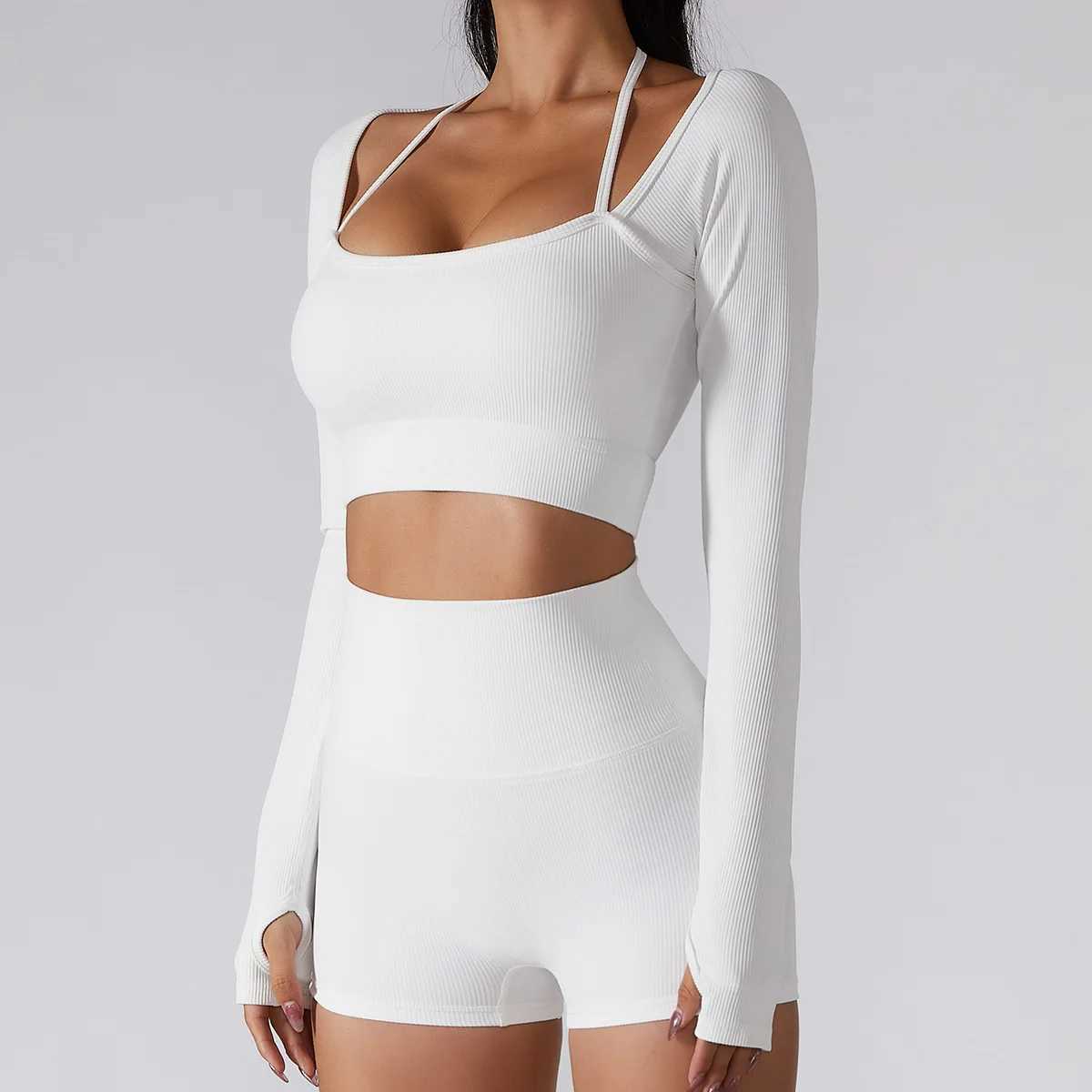 2023 Spring/Summer New Top Sport Womens Quick Drying Fitness Set with Chest Mat Slim Fit Long Sleeve Yoga SetXJ250410